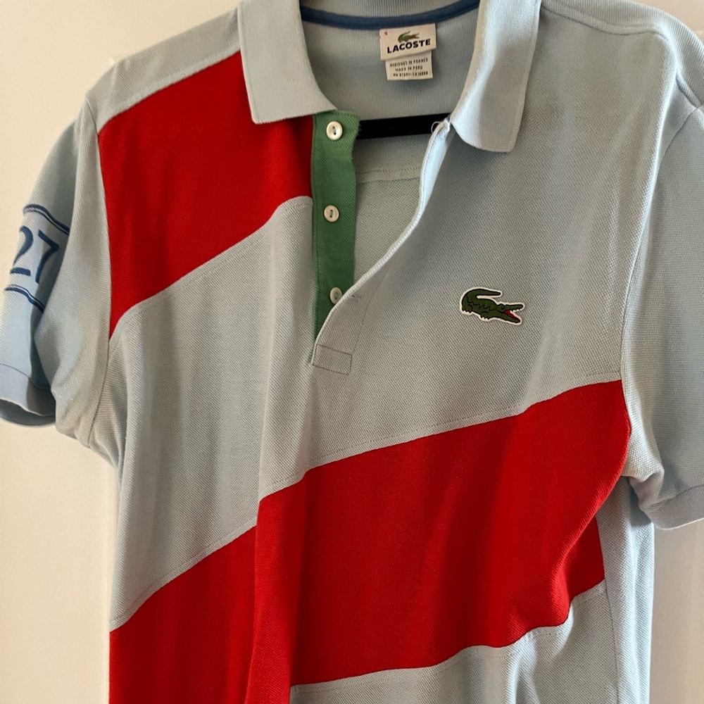 LACOSTE Polo shirt size 5 (L) Color Light Blue and Red